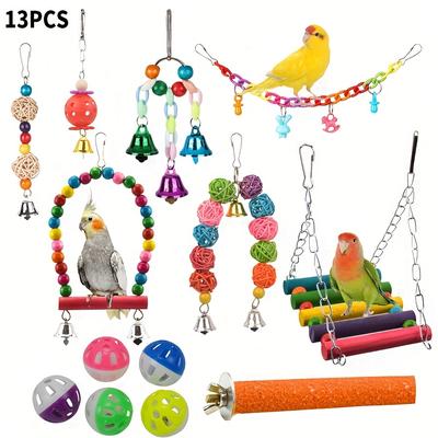 Parrot Playtime Essentials: 13-piece Set With Swing, Perch, Bell & Hammock - Colorful Bird Cage Toys For Parakeets