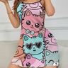 Cute Cat Print Frill Trim Lounge Dress, Round Neck Backless Slip Dress, Women's Loungewear