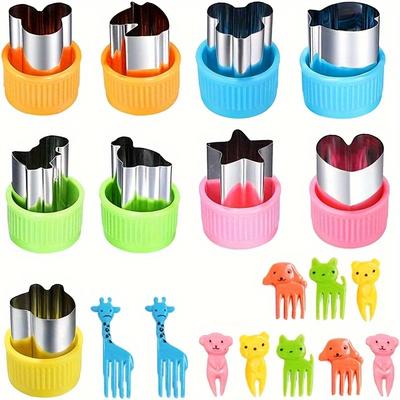 19pcs, Stainless Steel Fruit & Vegetable Cutters With Cute Animal Forks, Fruit Stamps, Fruit Shaping Molds, Cookie Cutters, Diy Sandwich & Snack Maker Kit