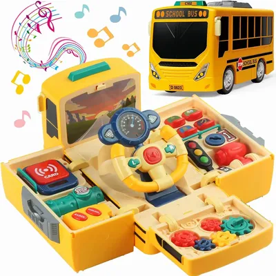 Montessori Bus Toy with Sound and Light Kids Simulation Steering Wheel Gear Toy Toddlers