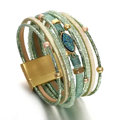 ALLYES Boho Resin Stone Leather Bracelet for Women Elegant Crystal Beads Chain Multilayer Wrap Bracelet Fashion Jewelry Gift