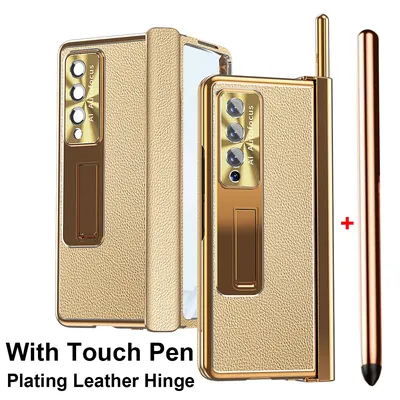 With Touch Pen Case For Samsung Galaxy Z Fold 6 5 4 3 2 Plating Leather Hinge Stand Tempered Film