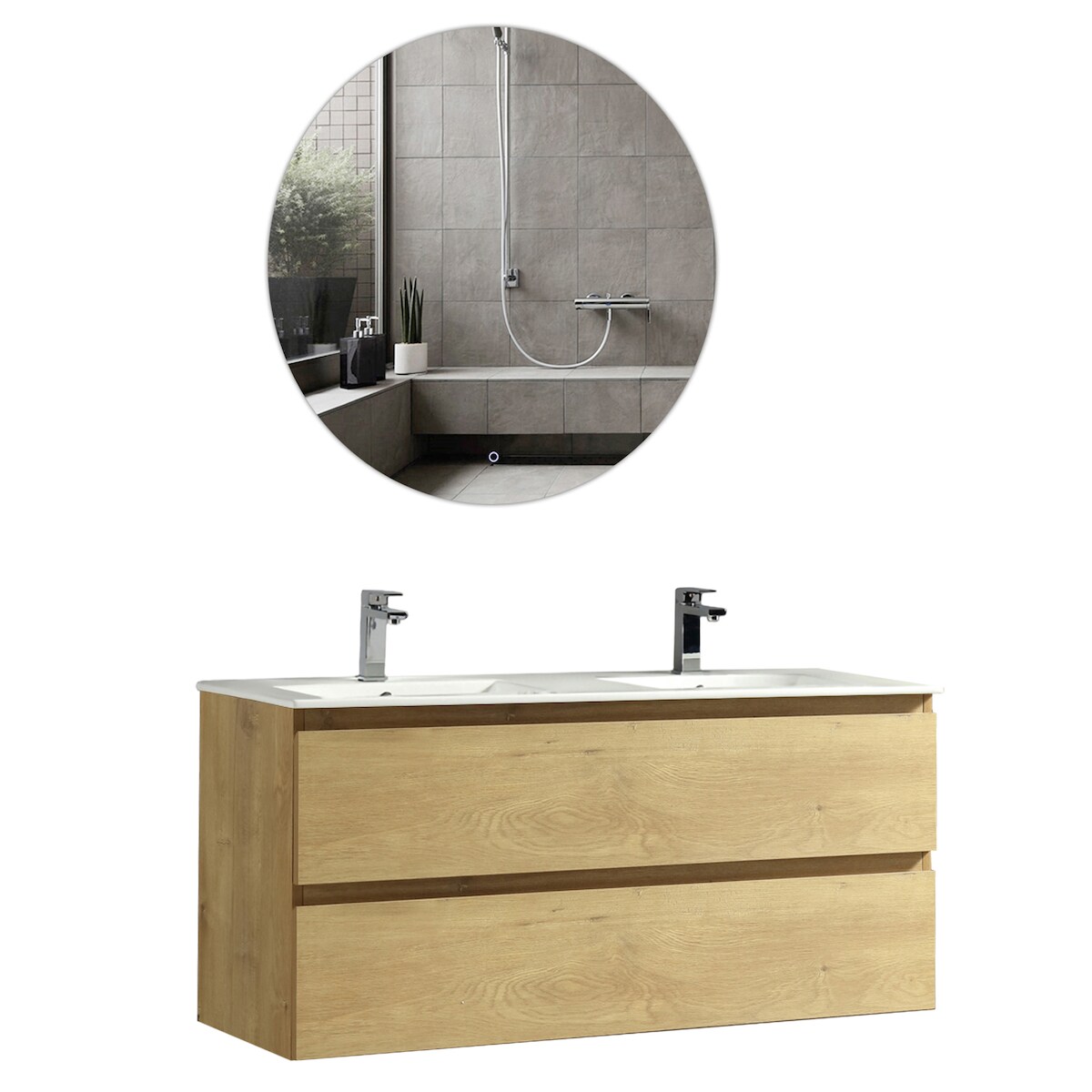 Alpenberger Doppel Waschbecken mit Unterschrank | Badmöbel Set | Waschbeckenunterschrank mit Waschtisch 120 cm Breit | Badezimmer Spiegel mit Led Rund Image