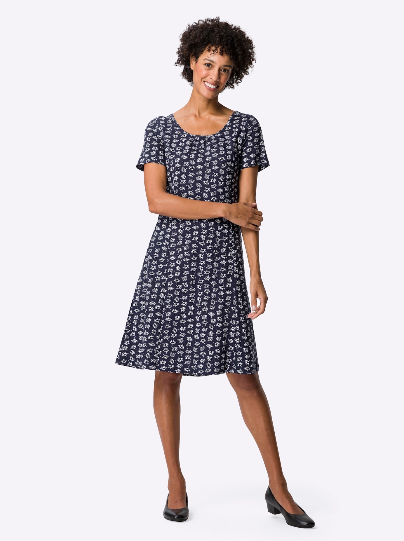 Jerseykleid CLASSIC BASICS "Jersey-Kleid", Damen, Gr. 50, Normalgrößen, blau (marine, ecru, bedruckt), Jersey, 100% Baumwolle, bedruckt, gemustert, mehrfarbig, knielang, Kleider Image