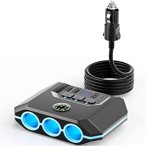 caricatore da auto 7 in 1 ad alta potenza da 120 W con 3 prese e 4 porte USB - interruttori individuali display di tensione a LED per una ricarica efficiente di più dispositivi
