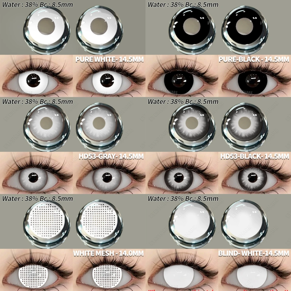 EYESHARE 2 pièces Cosplay lentilles de Contact colorées lentilles de Contact blanc fou Anime lentilles pour les yeux noirs lentille de maquillage de beauté d
