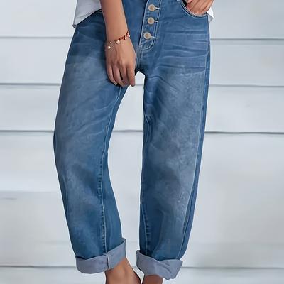 TEMU Women's Casual Straight-leg Denim Jeans With Rolled Hem - High Stretch, Machine Washable, Solid Color