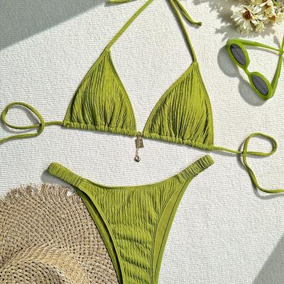 TEMU Elegant Women' Green Halter Bikini Set - Textured Fabric, High-waisted Two-piece Swimsuit With Tie Detail, Machine Washable, High Waisted Bikini Set