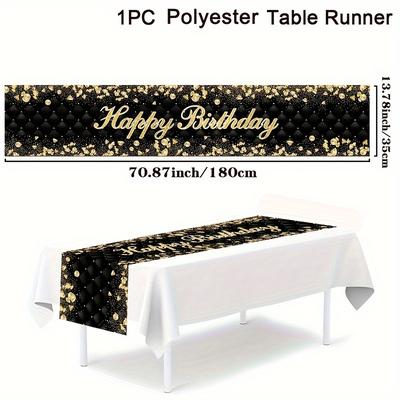 TEMU 1pc Happy Birthday Black Golden Broken Polyester Table Runner, Table Flag, Birthday Party Decorations For Home 30th 40th 50th Birthday Supplies Adults Anniversary Retirement Decor Image
