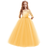 IBTOM CASTLE Little Big Girls Flower Vintage Floral Lace 3/4 Sleeves Floor Length Dress Wedding Party Evening Formal Pageant Dance Gown 2-3 Years Yellow