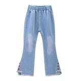 Jalioing Denim Pant for Child Girl Elastic High Waist Flare Jeans Solid Color Mesh Bow Hem Casual Pants (5-6 Years Red)