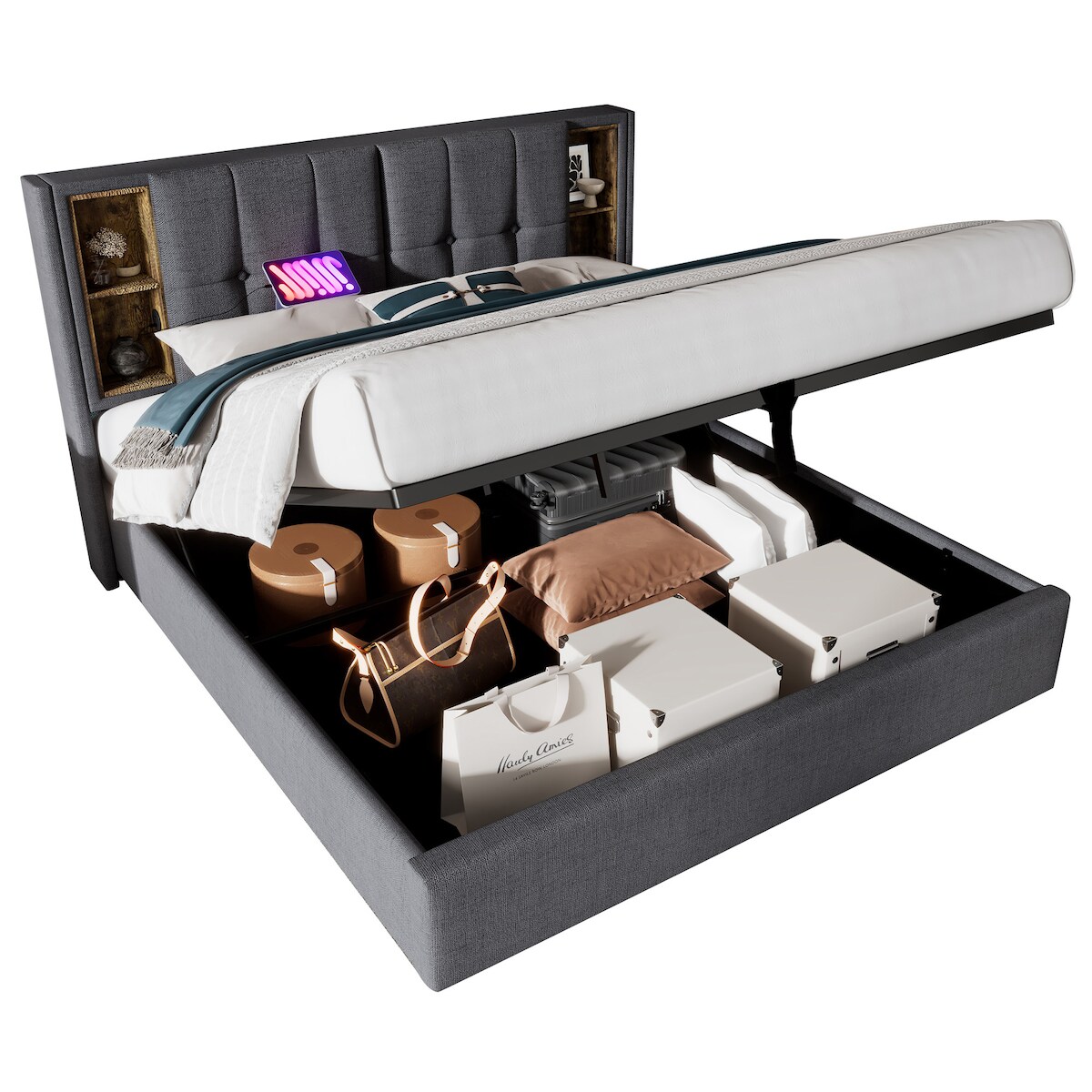 Merax Doppelbett mit Kabellosem Laden USB C, Polsterbett 160x200cm, Bettgestell mit Stauraum Lattenrost aus Holz-Grau Baumwolle (Ohne Matratze) Image