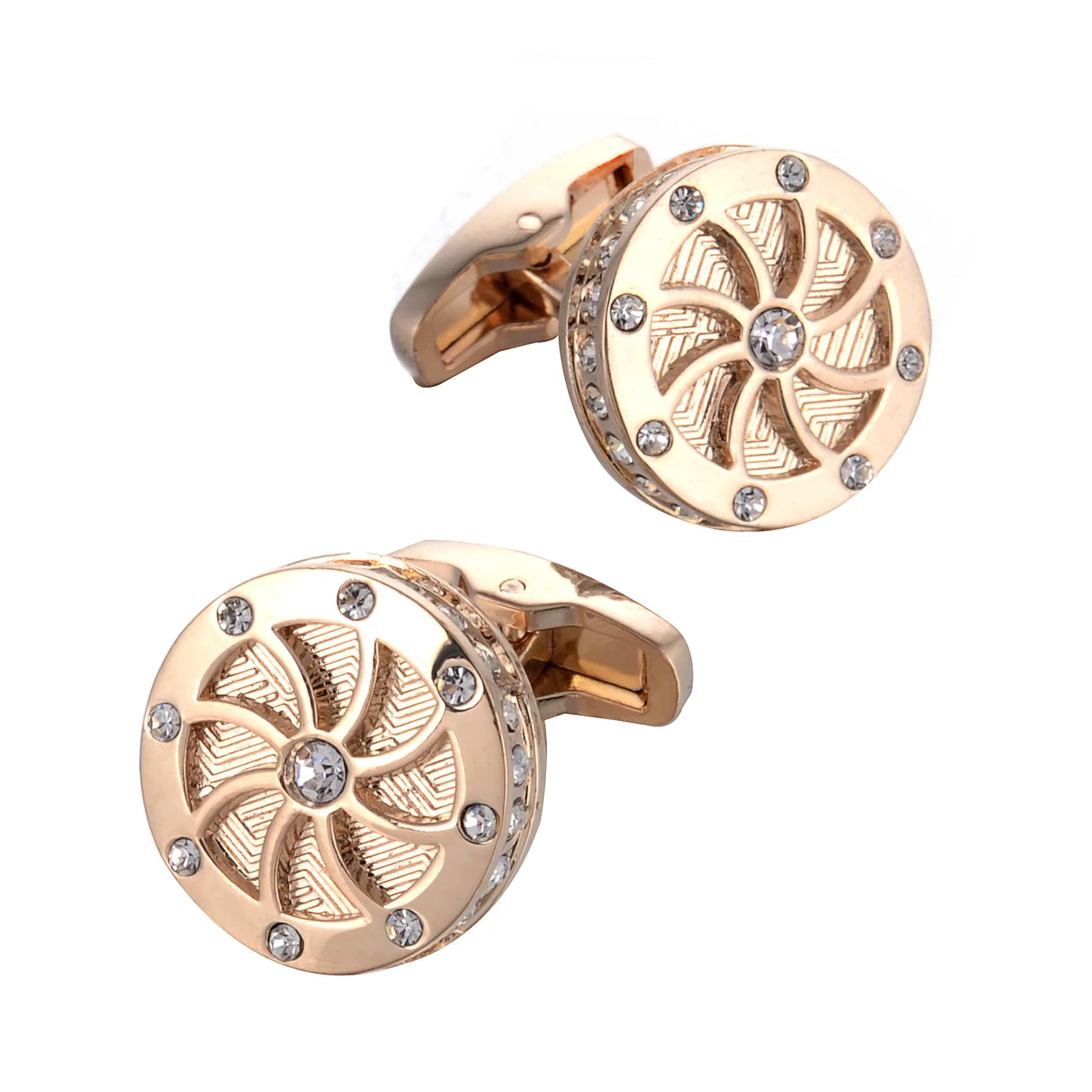 Fashion Round Wheel Shaped Mens Copper Cufflinks Sleeve Nails Real Golden Plated Rhinestones Buttons Wedding Groom Jewelry