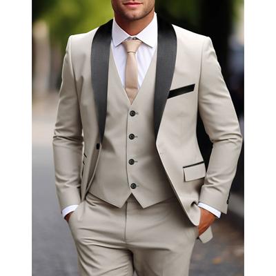 Men's Wedding Suits Burgundy Beige Fashion Daily Solid Colored Tailored Fit 3 Piece Single Breasted One-button