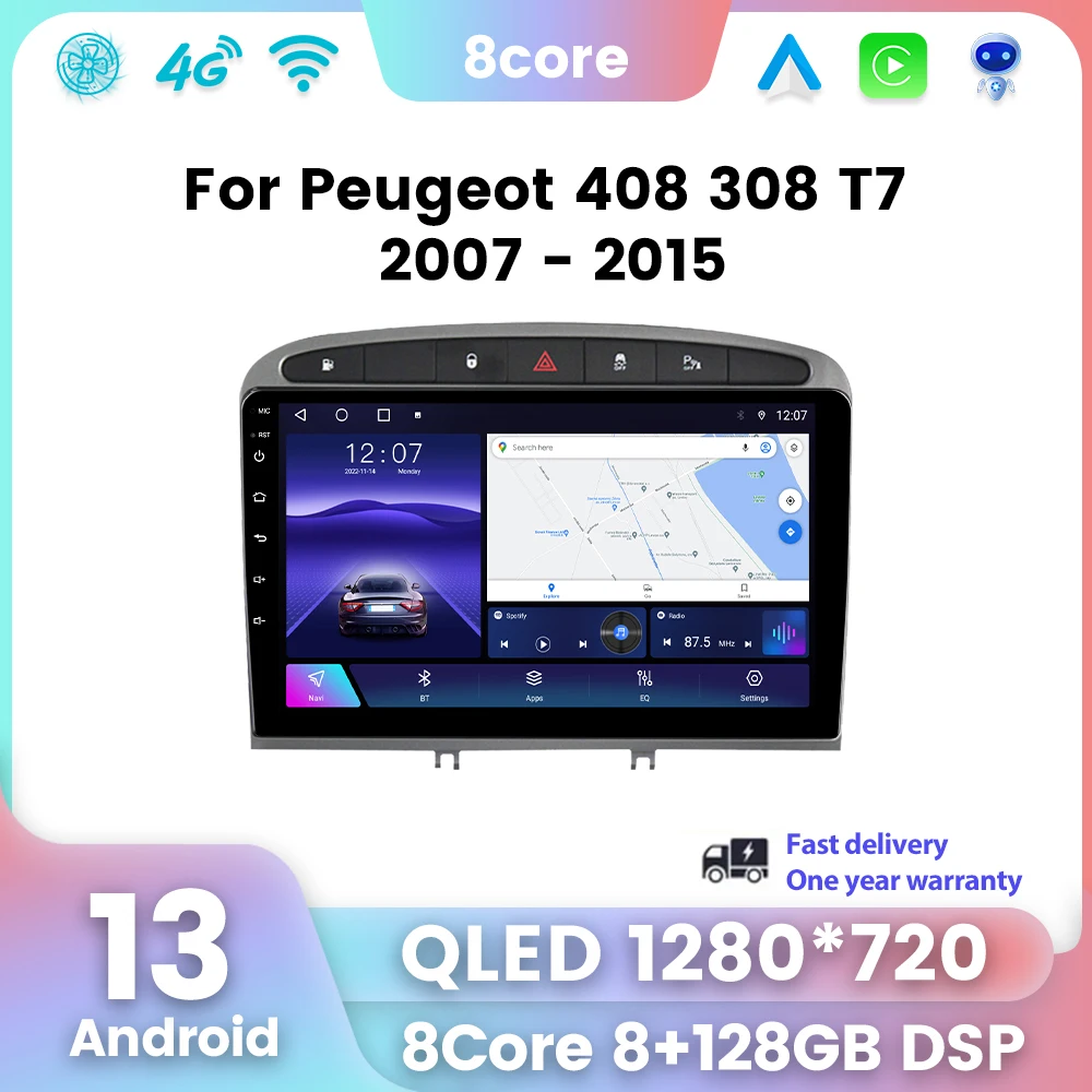 Autoradio für Peugeot RCZ 308 SW 408 2007-2015 2din Android Auto Carplay Auto Stereo DVD GPS Navigation Player Qled Bildschirm WiFi Auto GPS Multimedia Radio, 8-Kern DSP ohne DVD Player, 2Din Stereo Image