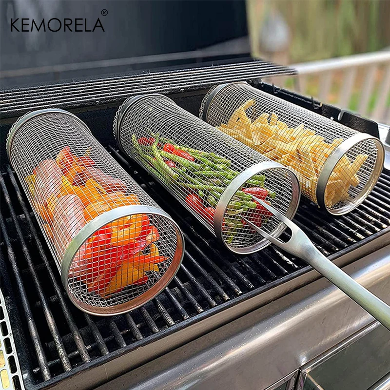 Grill korb Edelstahl rollender Grill korb Draht geflecht Zylinder Grill korb tragbare runde Outdoor-Camping-Grill korb Image