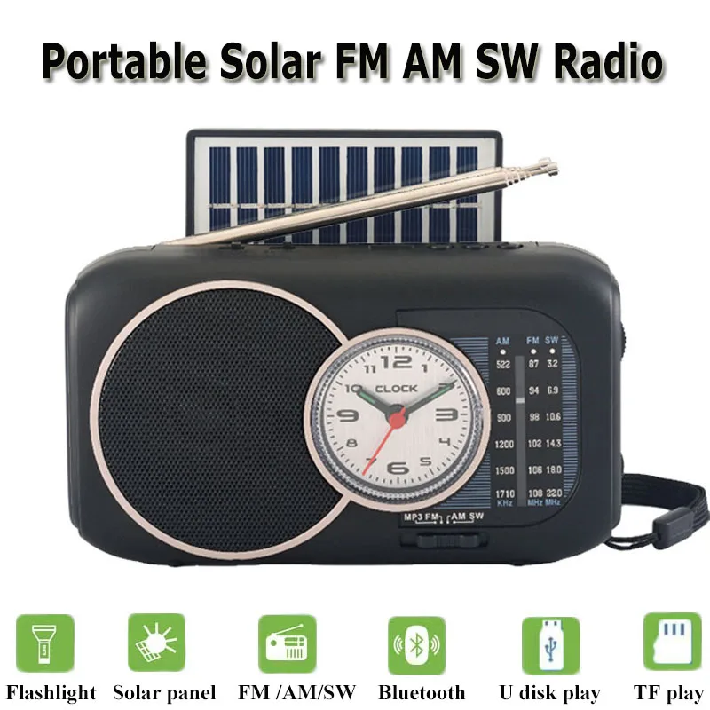 Mini tragbare fm am sw radio solar laden notfall radios empfänger wilress bluetooth lautsprecher mit uhr unterstützung u disk tf auto Image