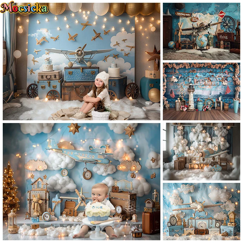Flugzeug Fotografie Hintergrund hellblaue Wand Ballon Navigation Baby Dusche Geburtstag Hintergrund Party Foto Studio Hintergründe Image