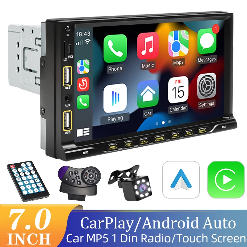 7 "Autoradio 1 Din Carplay Android Auto MP5 Multimedia Player Touchscreen FM Aux Eingang Bluetooth USB Spiegel Link universal Image