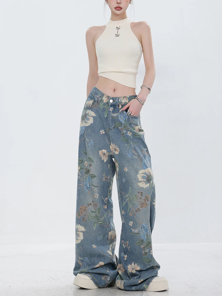 Mode Gedruckt Jeans 2025, Retro Floral Denim Wischen Hosen Koreanischen Stil High Street Lose Hip Hop Breite bein Jean Hosen