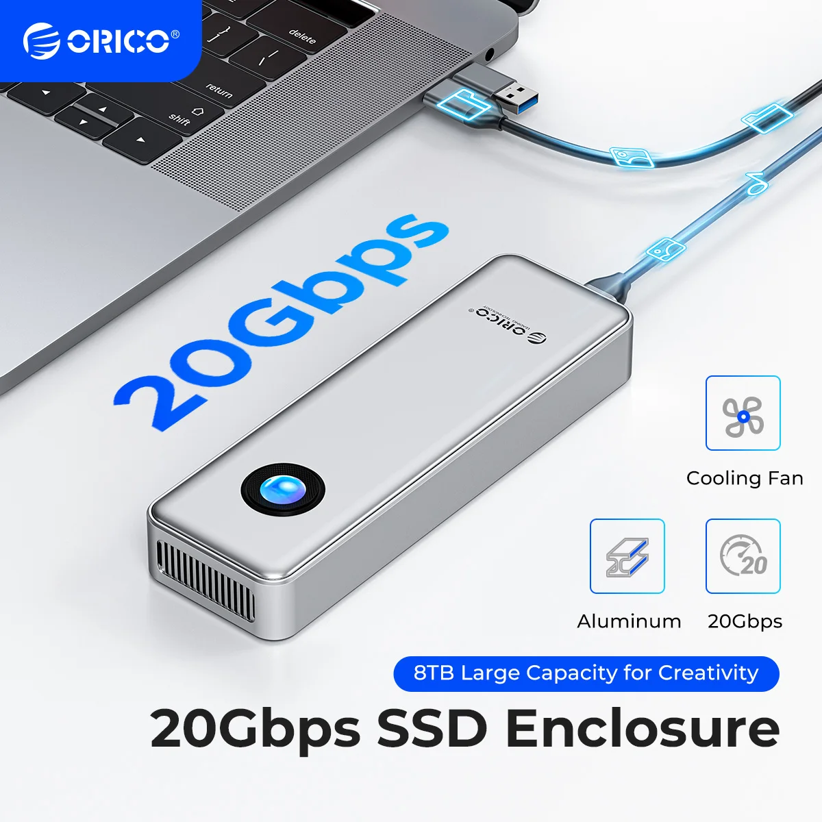 ORICO 20 Gbit/s NVME-Gehäuse, 8 TB, mit Lüfter, USB 3.2 Gen, 2 x 2 PCIE, NVME-Adapter, Werkzeug, kostenloses RGB für PCIe M Key Image