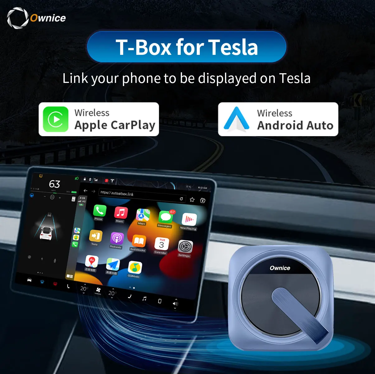 Ownice T1 T3 Box für Tesla Modell 3 Modell Y S X Zubehör Drahtloser CarPlay-Adapter Dongle Android Auto Ai Box für Spotify Waze Image