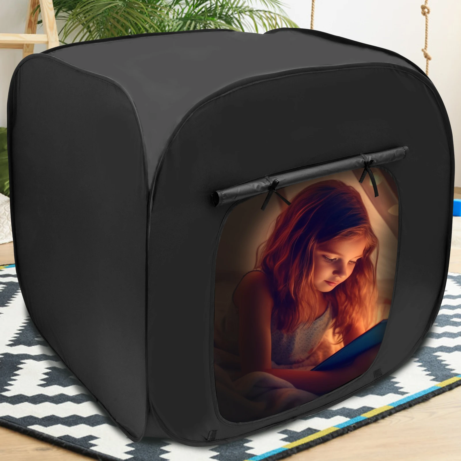 Sensorisches Zelt, faltbares Pop-Up-Zelt, tragbar, Oxford-Stoff, schwarz, für Kinder, Innenzelt für autistische Kinder, hilft, den Fokus zu verbessern Image