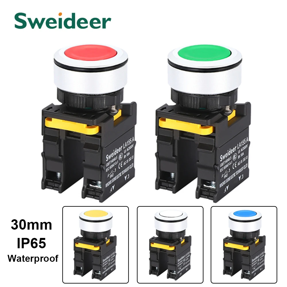 30mm Drucktastenschalter Wasserdicht Momentan Selbstrückstellend Selbstverriegelnd Druckknopfschalter Flachkopf 10A 1NO 1NC 2NO Rot Grün Gelb Image
