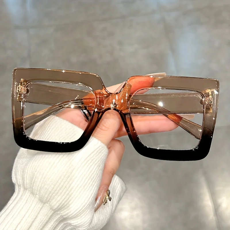 Große quadratische Rahmen-Brille mit klaren Gläsern, Farbblock, modische dekorative Brille, Computerbrille für Damen und Herren Image