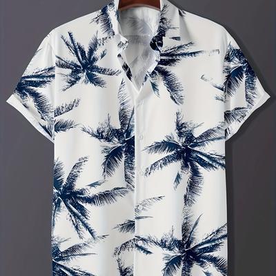 TEMU Men's Summer Casual Palm Tree Print Shirt, 100% Polyester, Loose Fit, Woven Fabric With Stretch, Lapel Collar, Button Details, 100g/m² - Adult Beachwear Image