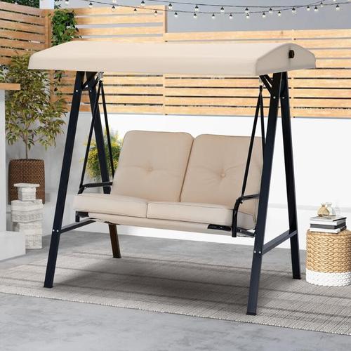 2 Sitzer Garten SchaukelstuhlOutdoor Schaukelbank mit verstellbarem Vordach,Schaukelstuhl in Beige