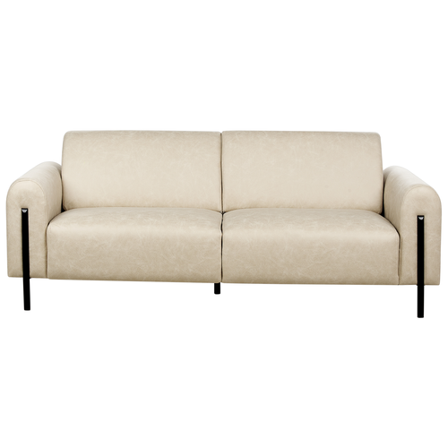 3-Sitzer Sofa Beige Lederoptik Verstellbare Rückenlehne Schwarze Metallfüße Breite Armlehnen Luftleder Leathaire Modern Wohnzimmer Polstersofa