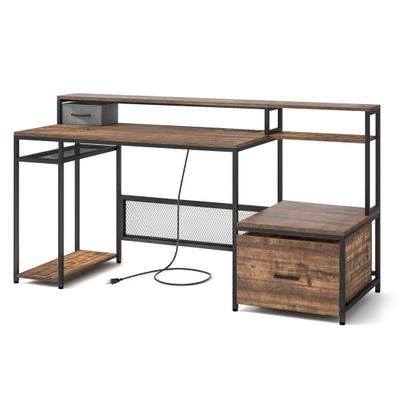Costway 67 Inch Computer Desk with Monitor Stand & File Drawer-Rustic Brown