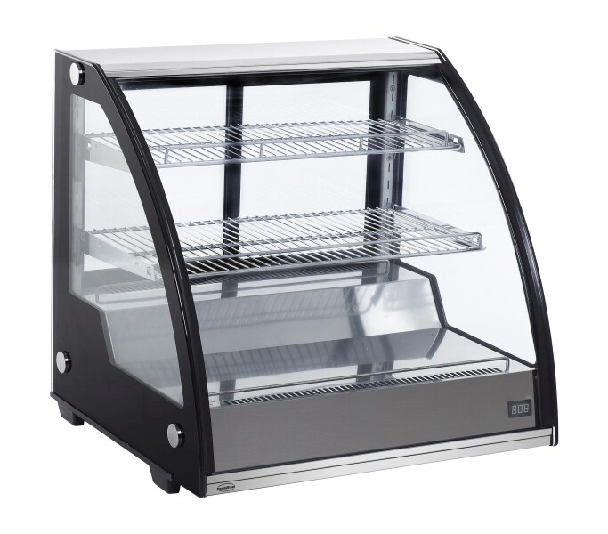 CombiSteel Kühlvitrine GREGOL gewölbt | 2 Ebenen + LED | 130 Liter, HxBxT 68,5x79,7x59cm | +0/+12°C | Schwarz/Edelstahl Image
