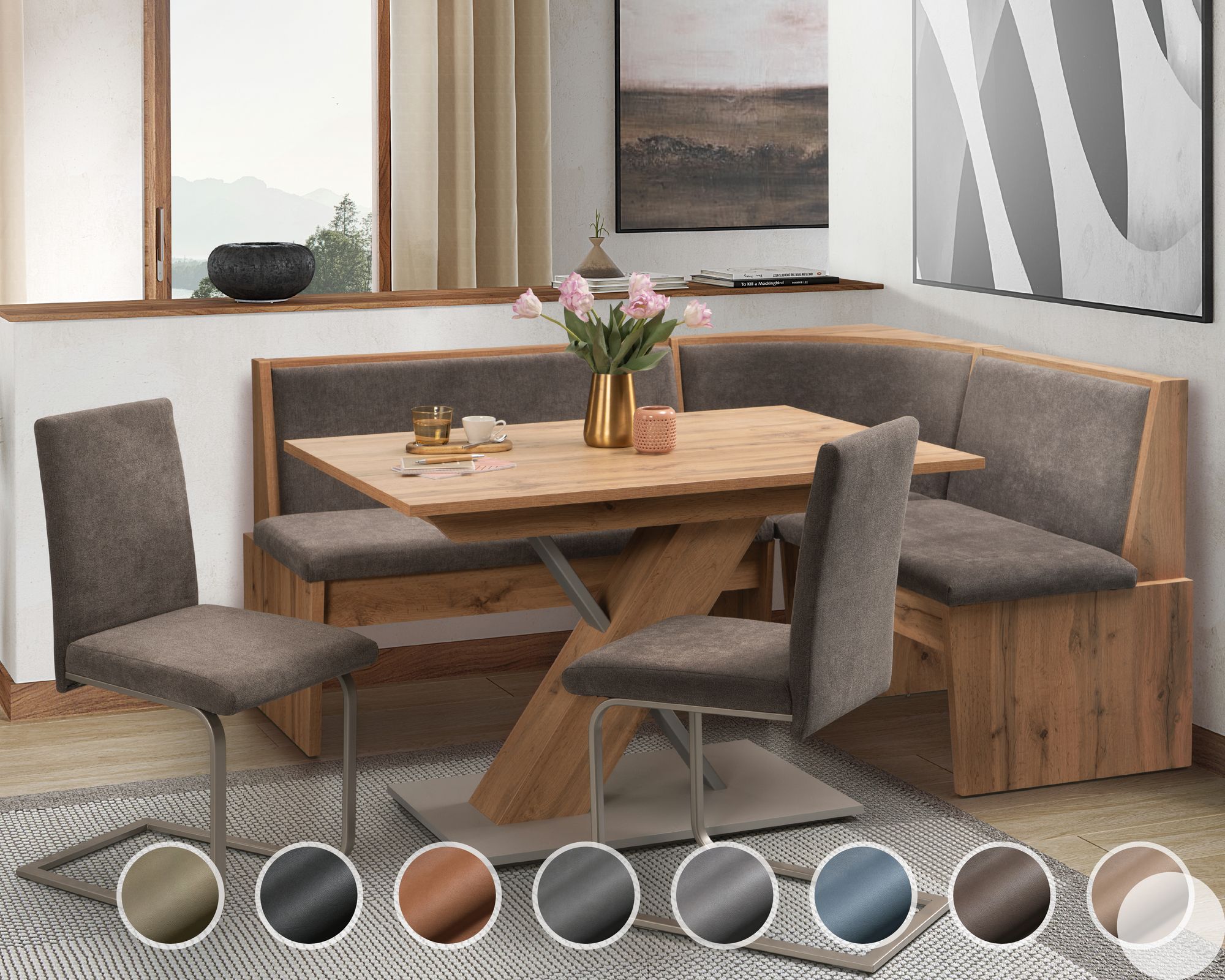 Schösswender »Inka« Eckbankgruppe I 127x167 cm / Gavin 203 dunkelbraun / offen / Spitzecke / Appalachian Oak Dekor