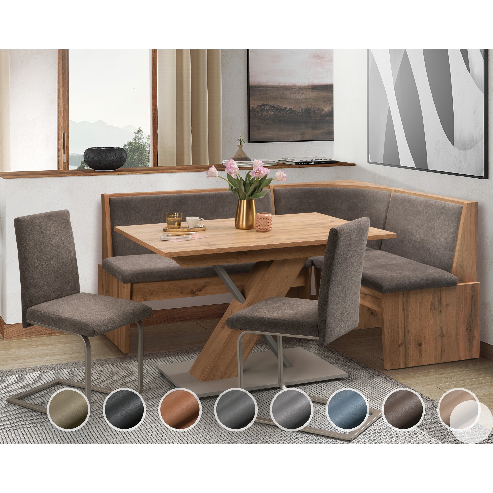 Schösswender »Inka« Eckbankgruppe I 147x187 cm / Gavin 202 rot / offen / Rundecke / Artisan Oak Dekor