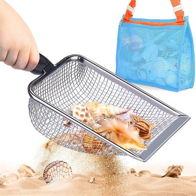 Beach Mesh Shovel With Mesh Beach Bag For Shell Collecting Filter Sand Scooper For Picking Up Shells Shark Tooth Sifter Dipper Beach Toy Storage