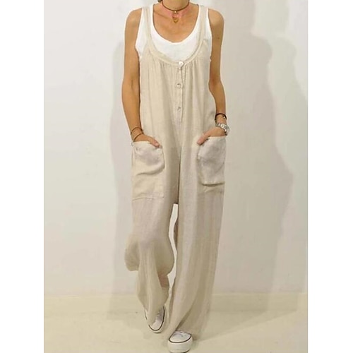 Damen Normal Latzhose Strassenmode Feste Farbe Ärmellos V Ausschnitt Knopf Tasche Strasse Täglich Regular Fit Schwarz Khaki Sommer Image