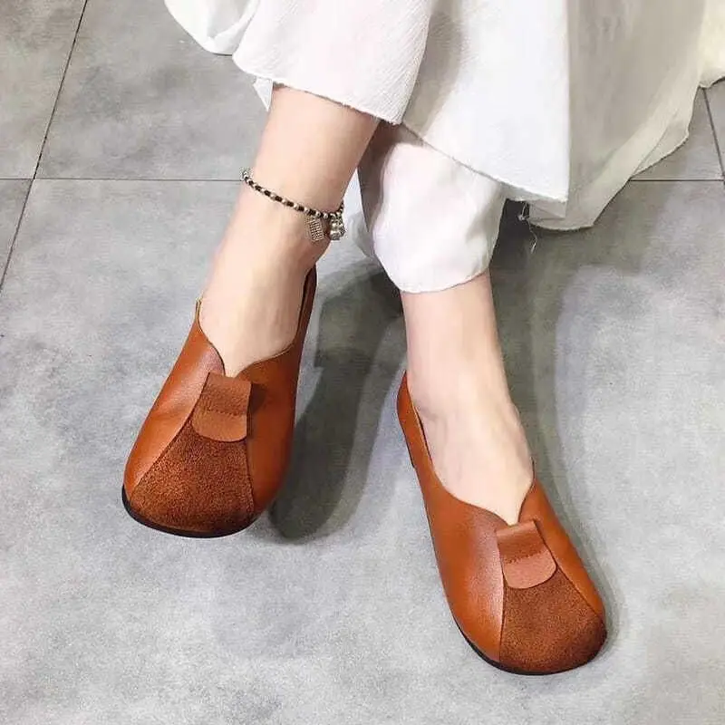 Breite runde Zehen-Oma-Schuhe, Herbst-Patched-Mary-Jane-Schuhe, Damen-Retro-Flats, braune Retro-Leder-Loafer für Mütter Image