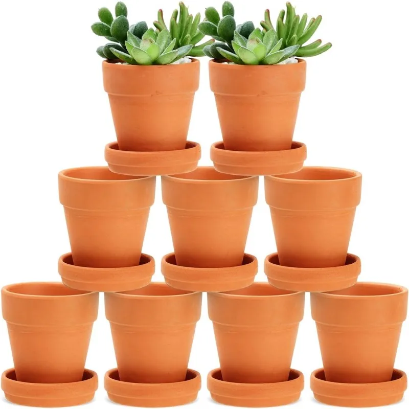 9er-Pack 7,6 cm große kleine Terrakotta-Töpfe mit Untertassen für Sukkulenten, Ton-Blumenpflanzgefäße mit Entwässerungslöchern für drinnen und draußen Image