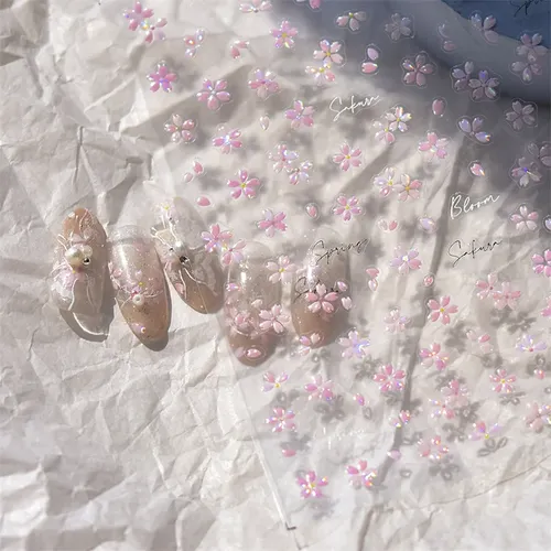 1 pièces 5D bronzant Kawaii brillant fleur Nail Art autocollants japonais rose Sakura auto-adhésif