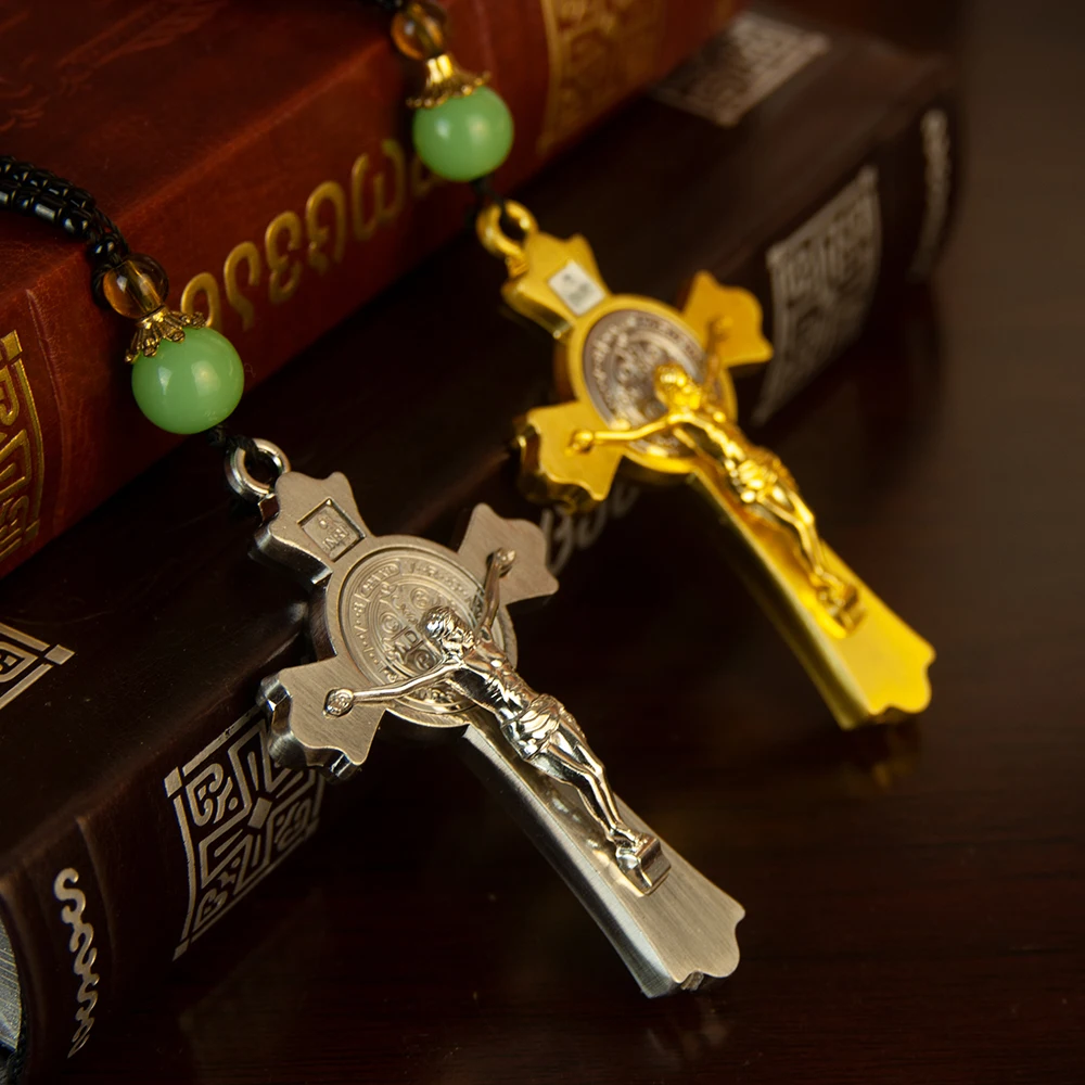Katholische Kreuz Halskette mit Holz perlenkette Kruzifix Gold Holz Rosenkranz Perlenkette religiösen Jesus Gebets schmuck Image