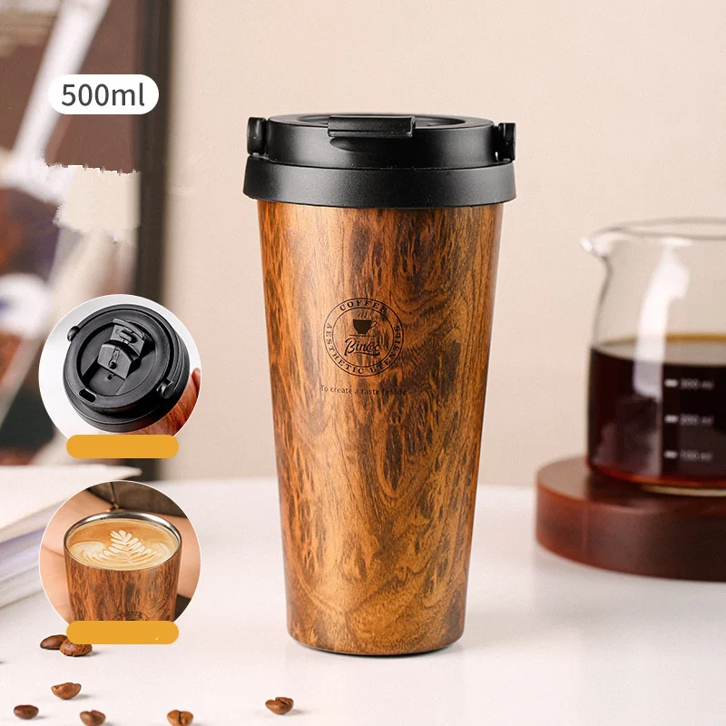 Holzmaserung Kaffeetasse Thermo tasse Edelstahl Liner Vakuum flasche auslaufs icher Auto Thermo flasche Reise becher Image