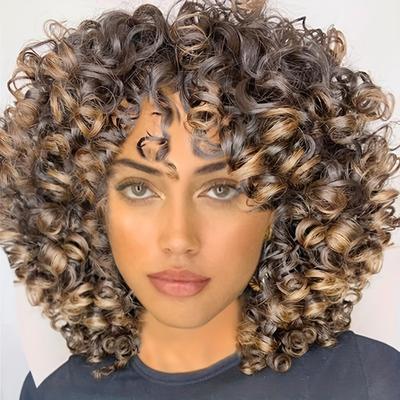 Short Afro Curly Wig With Bangs For Women Syntheti...