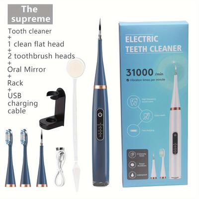Portable Electric Teeth Cleaner Kit, 5-speed Tooth Polisher With Replaceable Cleaning Heads, Toothbrush Heads, Oral Mirror, Rack, Usb Charging For Comprehensive Oral Care