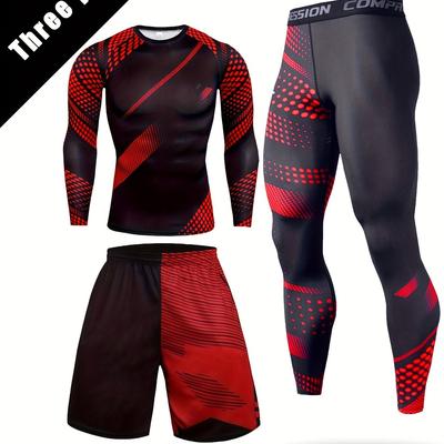 TEMU 3-piece Men's Color Block Pattern Quick Dry Sports Suits, Long Sleeve Compression T-shirts + Breathable Shorts + High Stretch Leggings