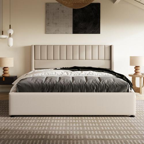 Polsterbett Stauraumbett Hydraulisches Bett (140x200cm Beige Leinen ohne Matratze), Bett mit