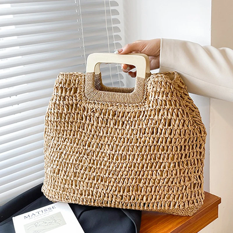 Sac à main d'été en paille tissé pour femme, sac à poignée en bois, grande capacité, sac de plage de voyage, fourre-tout de Style à la mode, fourre-tout ajouré