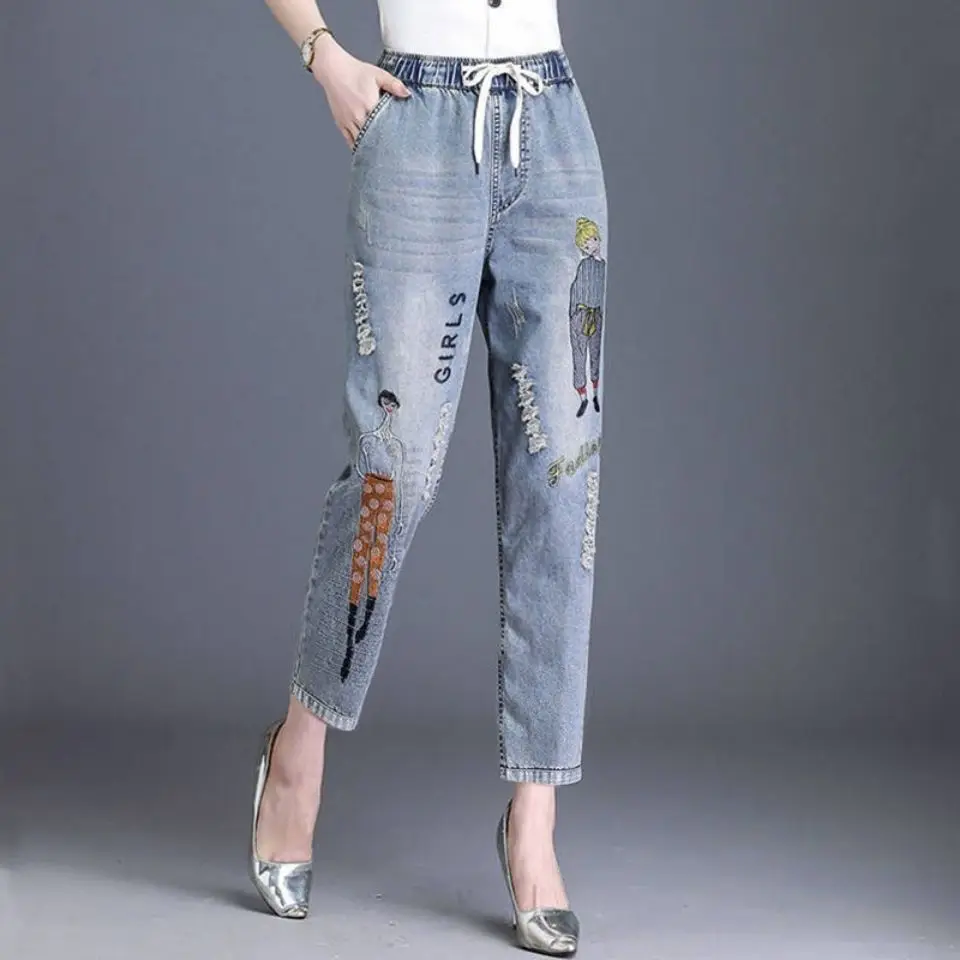 Jeans larghi da donna Vintage Y2K primavera estate nuovi pantaloni alla caviglia vita elastica stampa Denim pantaloni pieni con foro coreano 2023
