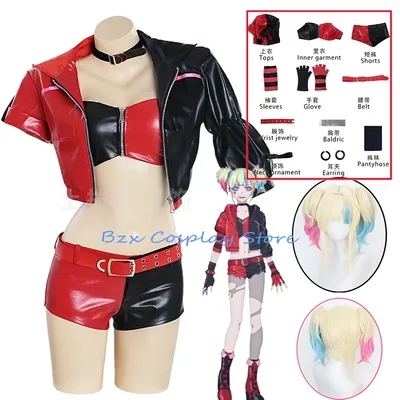 Film Witz Harley Cosplay Anime Another World Quinzel Kostüm Sexy Uniformen Perücke Set Halloween Party Rolle Clown Outfit für Frauen Image